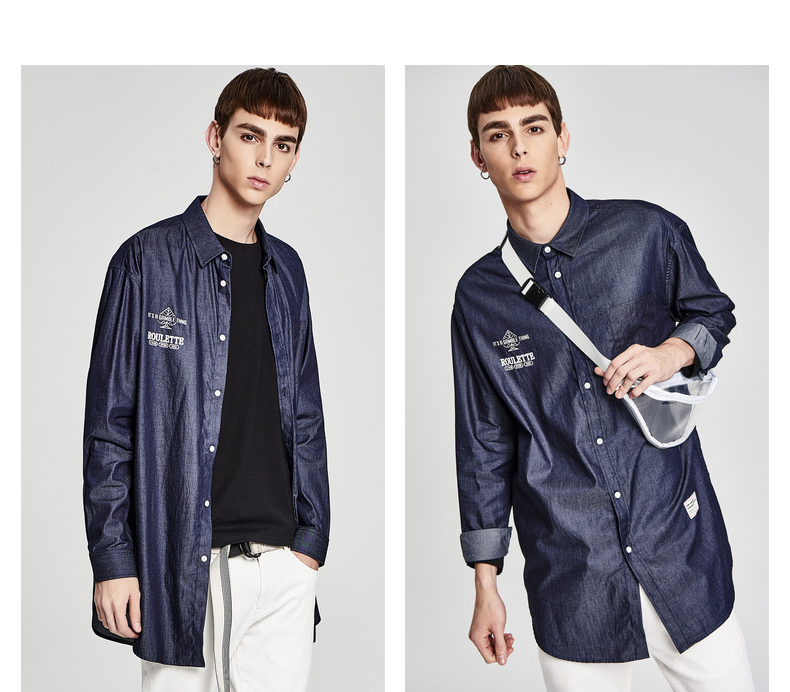 Áo sơ mi nam tay dài Mark Huafei 2018 xuân hè mới thời trang in chữ xu hướng áo sơ mi denim nam áo kiểu nữ công sở