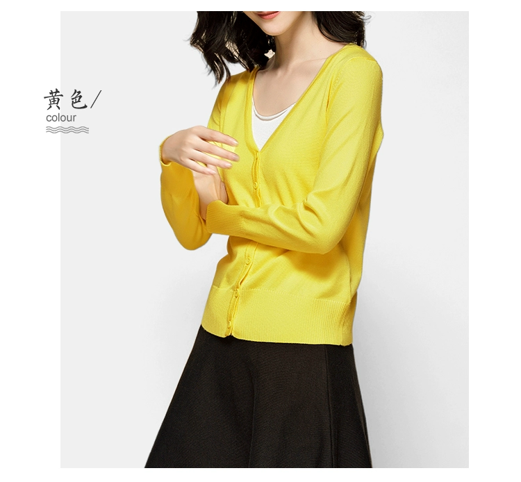 Áo len dệt kim nữ mùa xuân và mùa hè dày tay dài cổ chữ V Áo len ngắn cổ áo choàng nhỏ Áo choàng mỏng