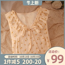 Soft fufu Japanese-style lotus flowers cotton gauze pajamas spring and autumn womens new home clothes 2021