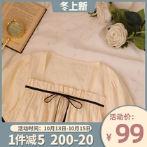 First Love Wind Japanese simple retro square collar nightgown cotton pajamas female summer students wear home clothes