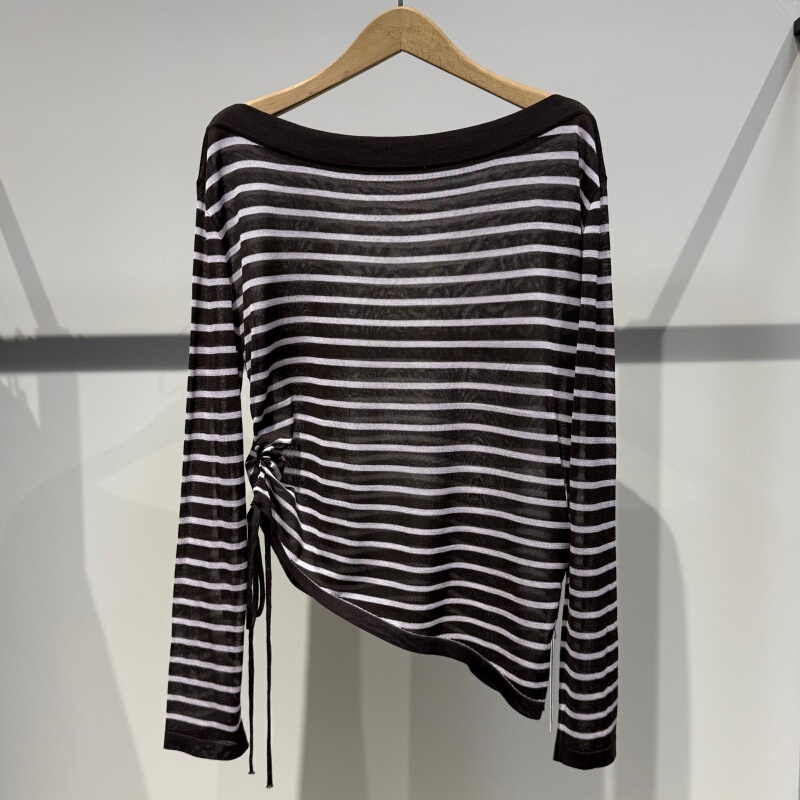 2026 Summer New Style Lazy Style Slanted Shoulder Striped Long-Sleeved Knitwear Women's Lace-Up Striped Top 2602353130