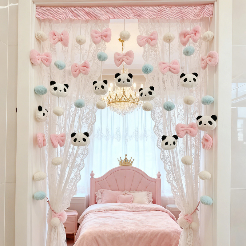 Pink Bowknot Panda Door Curtain Dormitory Lower Bunk Curtain Fabric Curtain Window Curtain Decoration Door Curtain White Cloud Bell No Drilling Required