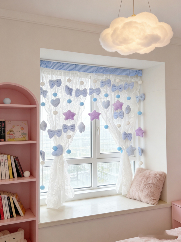 Girly Lace Sheer Door Curtain with Blue and Purple Pom-Poms and Star Design, Bedroom Decorative Curtain, No-Drill Popular Divider Curtain