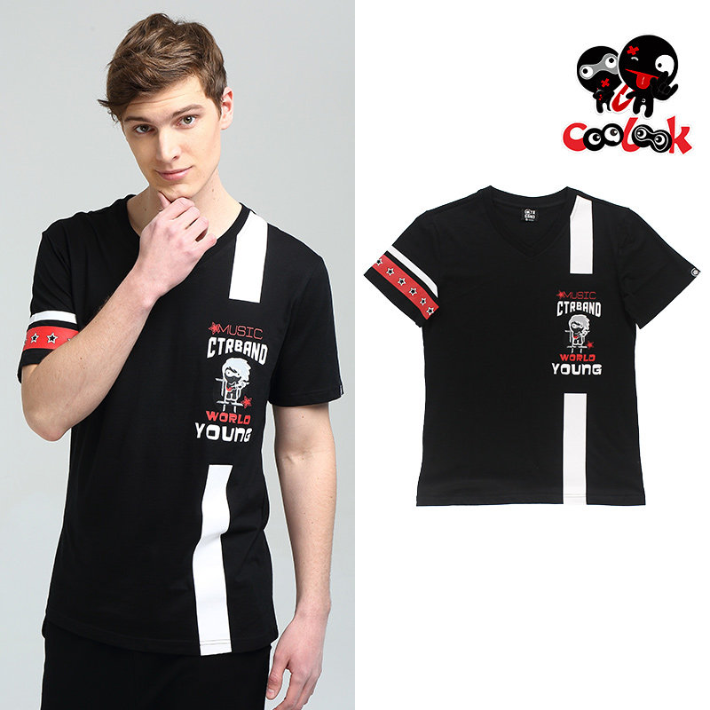 COOLMAX潮流指标2017年男士短袖t恤v领纯棉潮男印花宽松体恤拼色