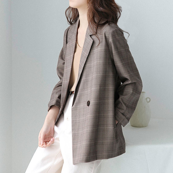 Plaid blazer women's khaki 2024 spring new plaid thin section Korean loose small casual suit