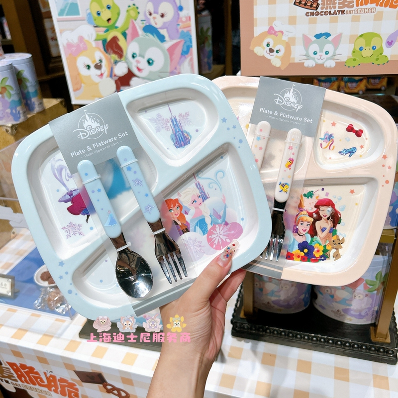 Shanghai Disneyland Elsa Anna Mermaid Long Hair Snow White Dinner Plate Set Fork Spoon