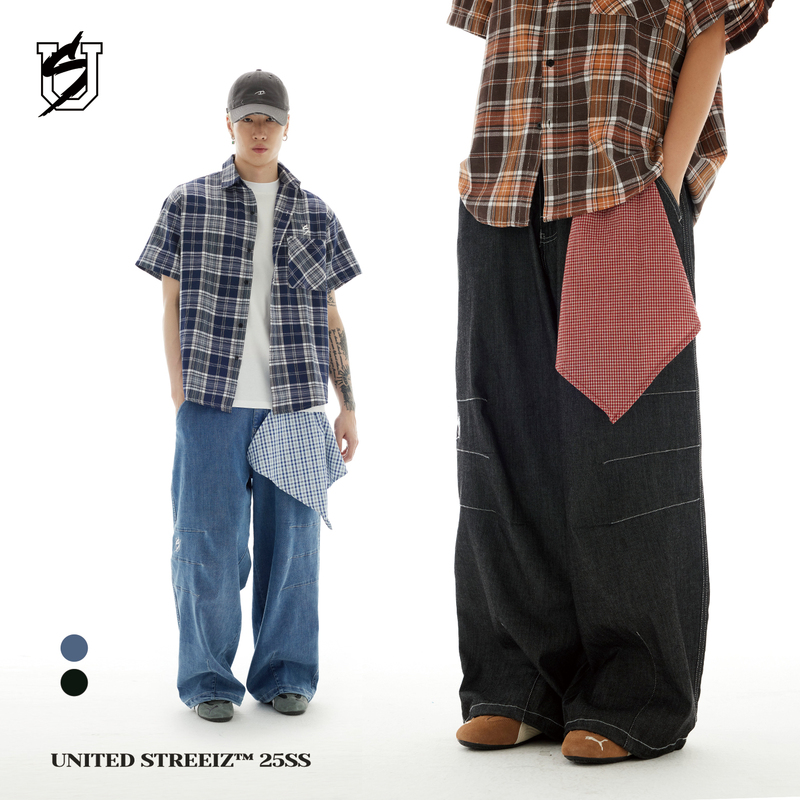 Us Federal Street Brand Detachable Scarf Soft Denim Pants American Retro Loose Hip-Hop Street Dance Drawstring Hem Trousers Us Federal Street Brand Detachable Scarf Soft Denim Pants American Retro Loose Hip-Hop Street Dance Drawstring Hem Trousers