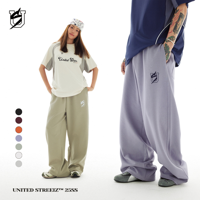 Us Federal Street Brand Logo Solid Color Sweatpants, Loose Fit, Breathable, Anti-Pilling, Drawstring Cuffs, Casual Street Dance Hip-Hop Long Pants