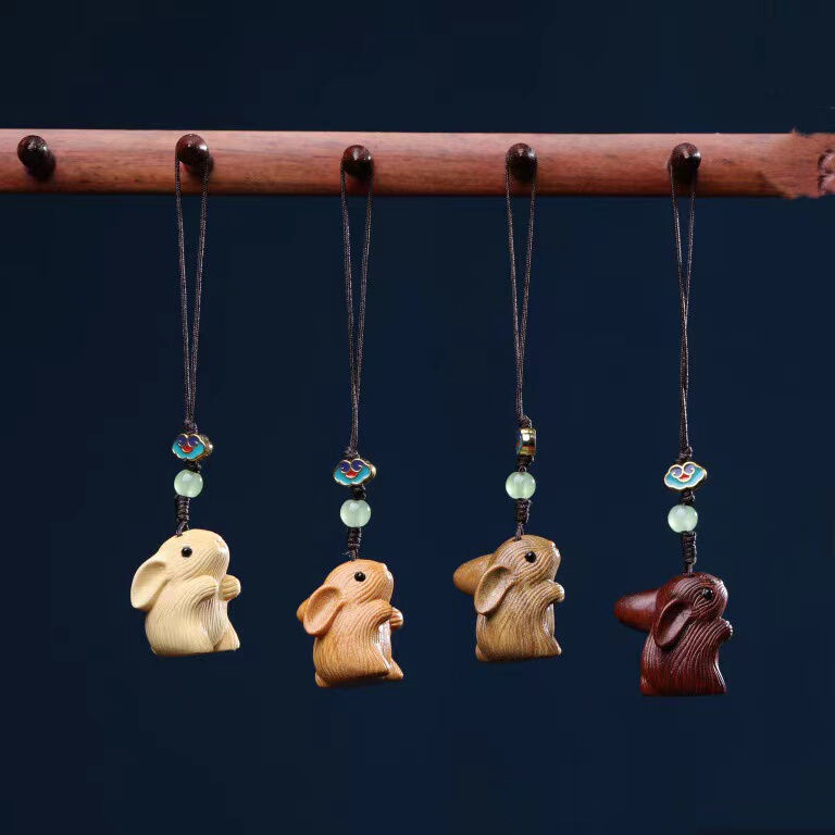 Natural Sandalwood Cute Cartoon Zodiac Rabbit Wooden Phone Chain Keychain Pendant Bag Charm Cute Accessory