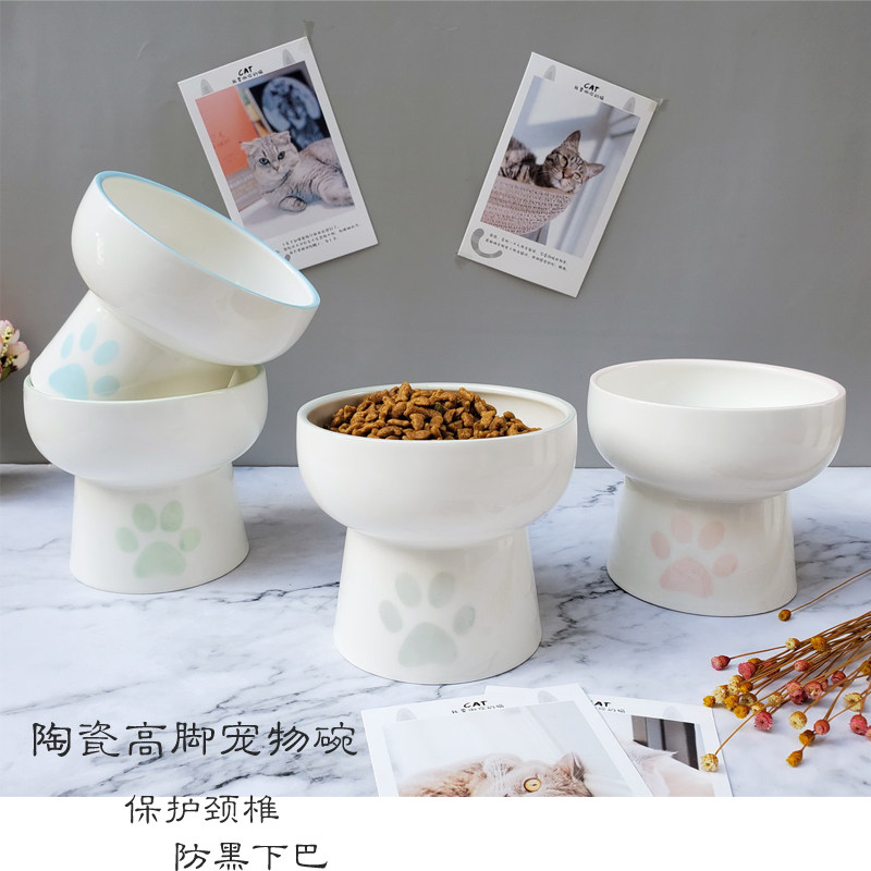 Shallow Mouth Cat Bowl Ceramic Cat Food Basin Protection Cervical Spine Pet Water Bowl Anti-Overturning High Foot Cat Dog Food Bowl