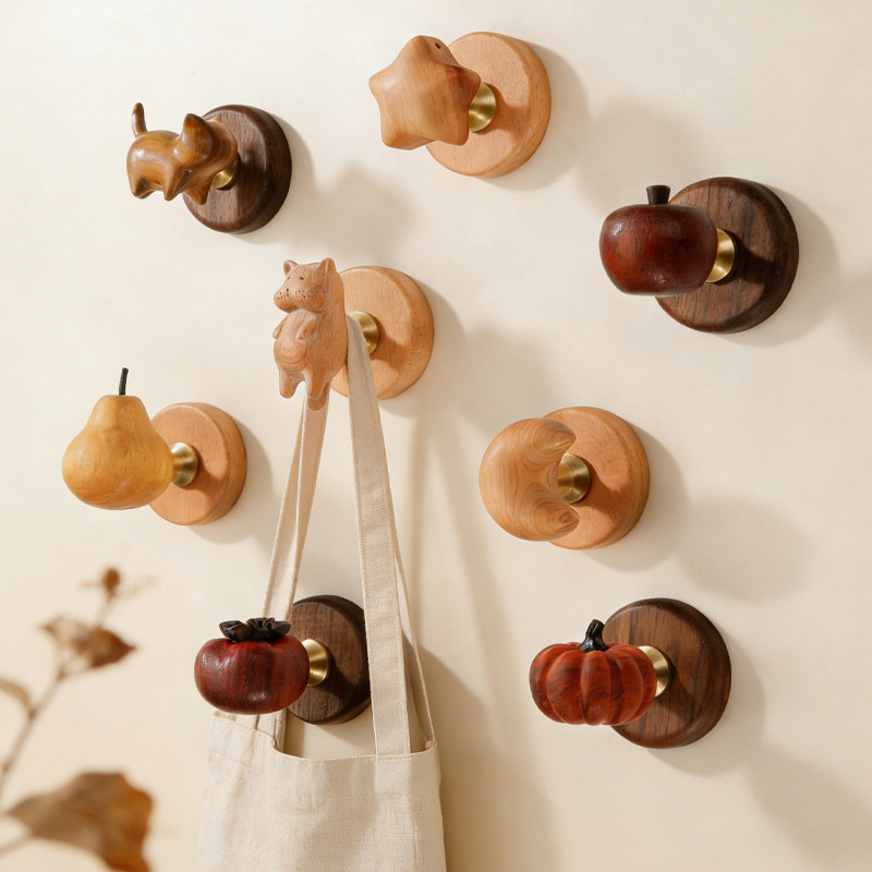 Fruit Cartoon Walnut Wood Coat Hook, No-Drill Wall-Mounted, for Kitchen, Wardrobe, Hair Ties, Bathroom, Vintage Style Adhesive Hook