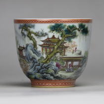 Jue Yu Kiln Antique pavilions and pavilions Hand-painted pastel landscape Single cup Glazed color incense cup Kung Fu tea master cup