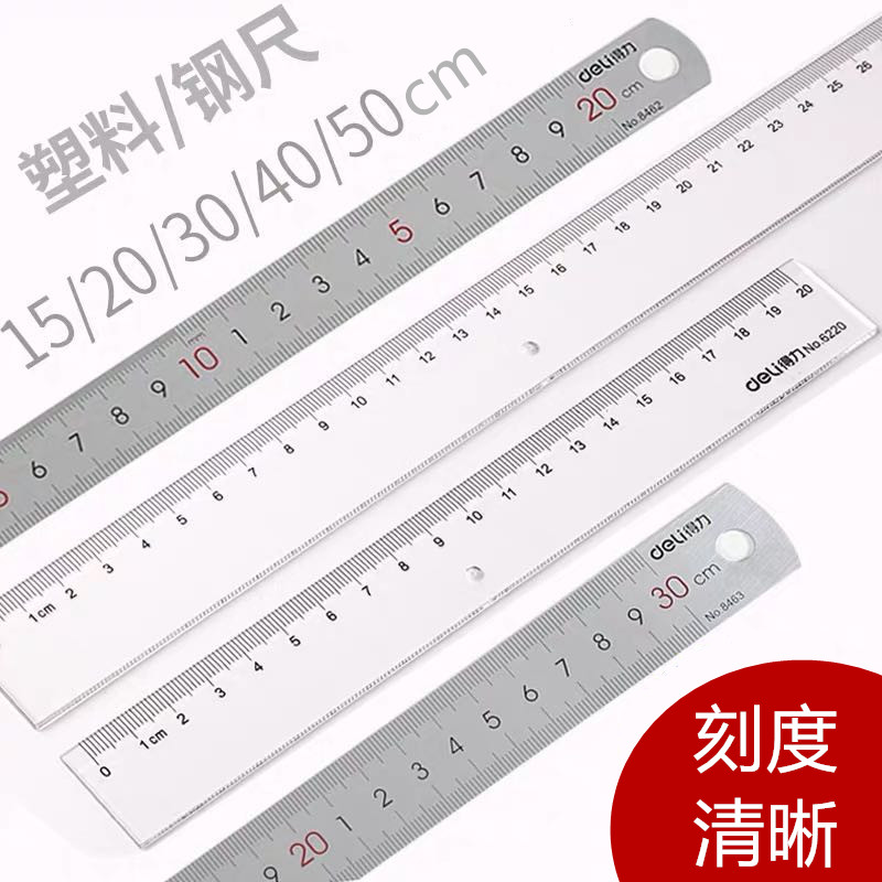得力塑料直尺子钢板尺铁不锈钢办公学生商务考试透明画图设计工程