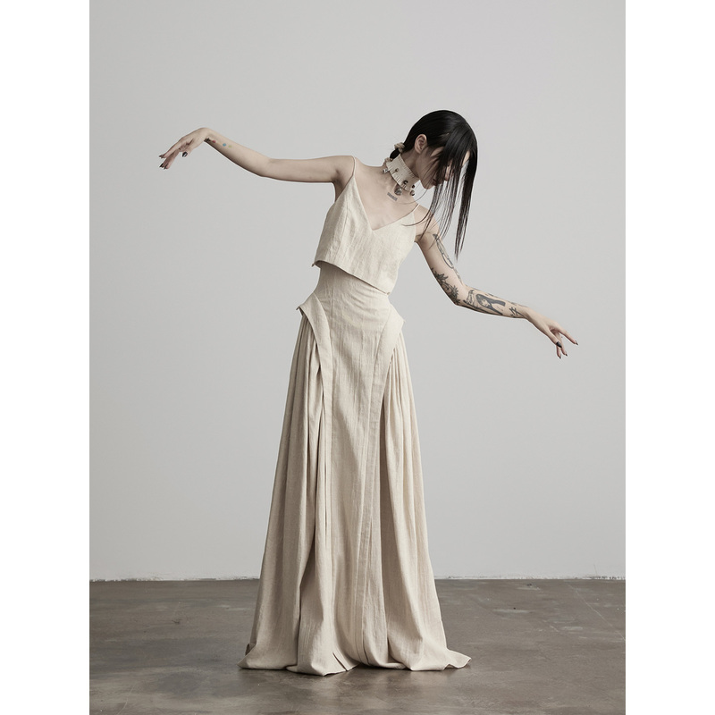 Indulge Jade·Wabi-Sabi Style Cotton and Linen Textured Faux Two-Piece Spaghetti Strap Dress with Drapey A-Line Long Skirt
