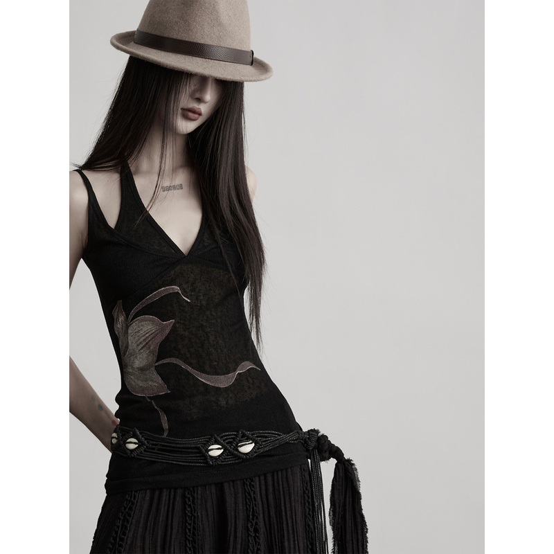Indulge Lotus·Fake Two-Piece Waist-Cinching Slim-Fit Printed Knitted Camisole Backless Sleeveless Top Vest for Women Indulge Lotus·Fake Two-Piece Waist-Cinching Slim-Fit Printed Knitted Camisole Backless Sleeveless Top Vest for Women