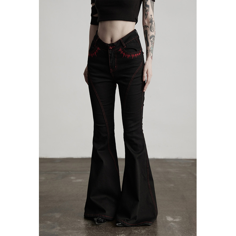 Indulge Flared Leg Punk American Style Black and Red Embroidered Straight Slim Casual Flared Denim Pants