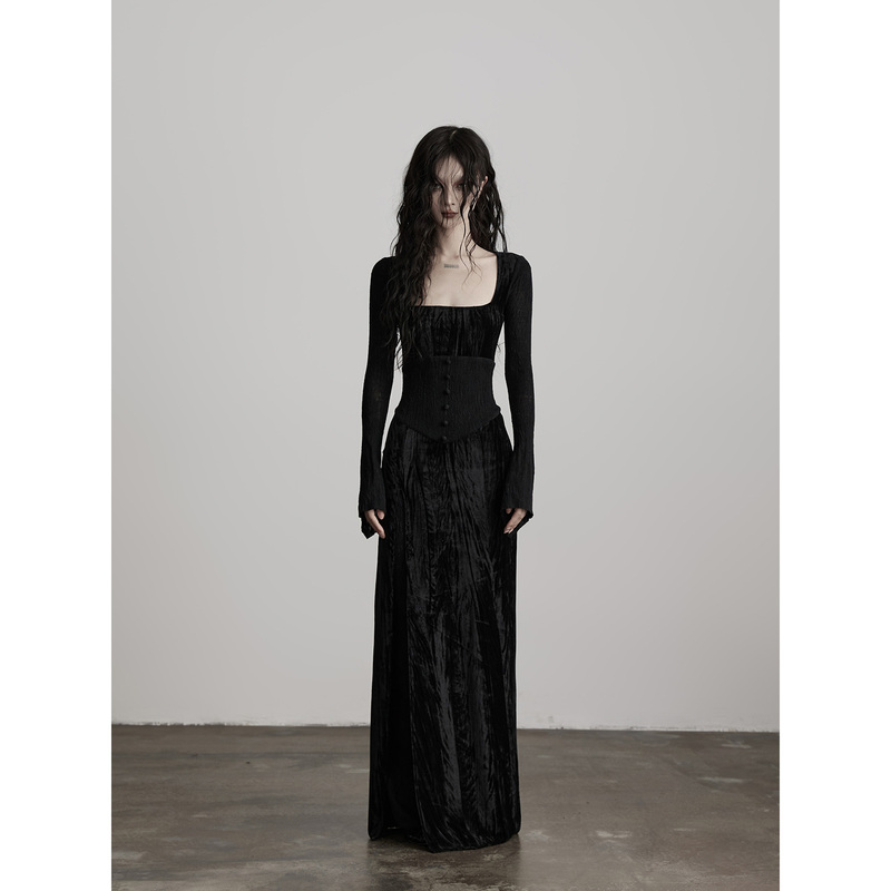Indulge's "Waltz" Wool Velvet Spliced Lace Long-Sleeved Dress Slim-Fit Long Dress for Spring and Autumn Indulge's "Waltz" Wool Velvet Spliced Lace Long-Sleeved Dress Slim-Fit Long Dress for Spring and Autumn
