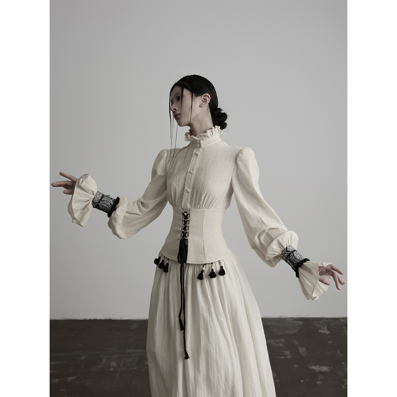 Indulge's Heavy-Duty Vintage Ruffled Sleeve Adjustable Tie Waist Long-Sleeve Shirt Top