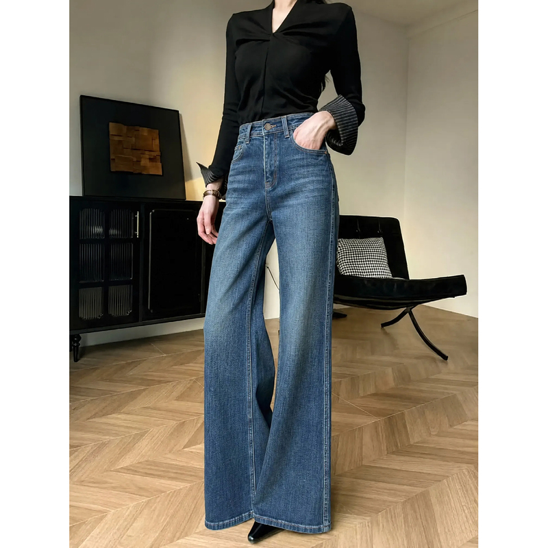 Biiaje Dark Blue Jeans for Women, 15 Ounces, Four-Way Stretch, Straight-Leg, Slightly Flared, for Tall Individuals, Pear-Shaped, Vintage Style, Long