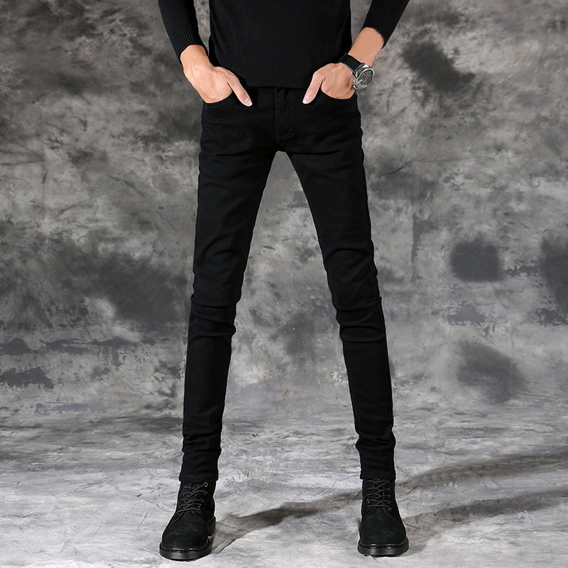 Hong Kong High-End Black Slim-Fit Skinny Jeans for Men, Stretchy Spring/Summer Style, Trendy Slim-Leg Casual Long Pants for Men