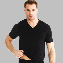 Summer mens pure cotton short sleeve T-shirt v collar middle-aged men loose and compassionate full cotton pure color upper clothes pure black half sleeves