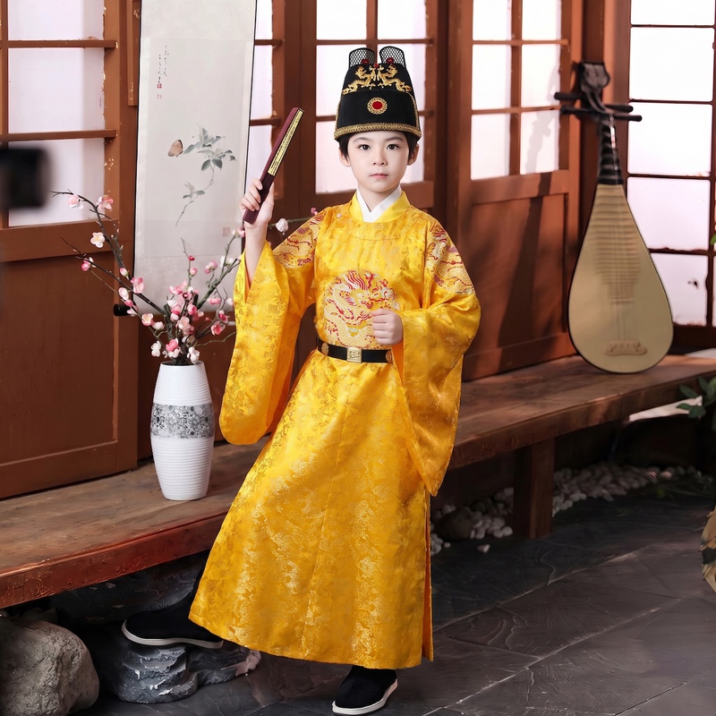 Children's Boys' Hanfu Ancient Costume Emperor Prince Dragon Robe with Four Dragon Embroidery Designs for Qin, Han, Tang, and Ming Dynasties Performance Costumes