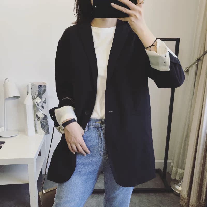 Justq đầu thu mới Hàn Quốc sang trọng retro lỏng một nút hoang phù hợp với áo khoác mỏng phụ nữ đầm thiết kế đẹp