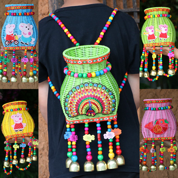Ethnic Wind Children Bamboo Basket Embroidered Embroidered Bell Hand Woven Photographic Dance Props Double Shoulder Color