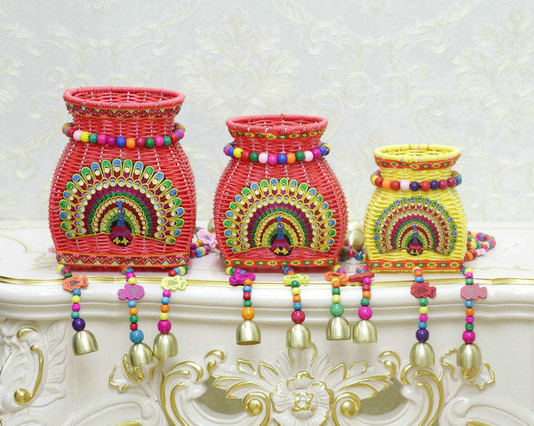 Creative National Fenghuang Peony Flower Shoulders Children Color Bamboo Basket Backpack Barbars Dance Prop