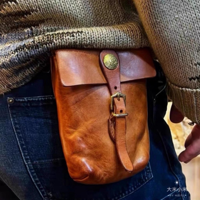 Amei Kaji Vegetable-Tanned Leather Phone Waist Bag for Men, Genuine Leather Phone Pouch, Vertical Style, Handmade Waist Hanging Bag