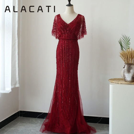 2020新款晚礼服女 高端大气 遮手臂 显瘦气场优雅女王V领重工鱼尾