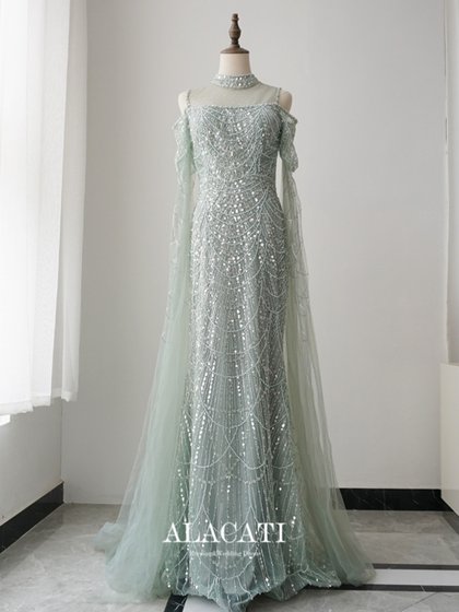 高端奢华重工水袖高腰显瘦鱼尾立领晚礼服年会名媛晚宴演出口中东