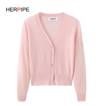 2021 worsted ultra-thin micro-transparent blouse cashmere V-neck knitted outer cardigan Thin Buckle High waist short coat women