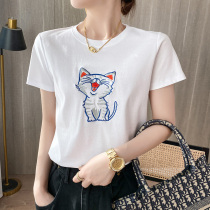 80 double-sided mercerized Xinjiang cotton short-sleeved t-shirt womens summer new cotton embroidery loose round neck half-sleeved top