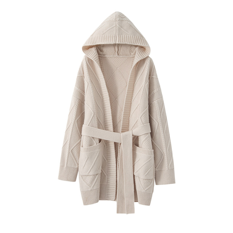 Autumn/Winter 22 new mid-length hooded cashmere cardigan women's knit loose heavyweight stranded sweater jacket