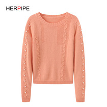 2021 autumn and winter New round neck high waist short French vintage sweater women nail beads with skirt small cashmere sweater women