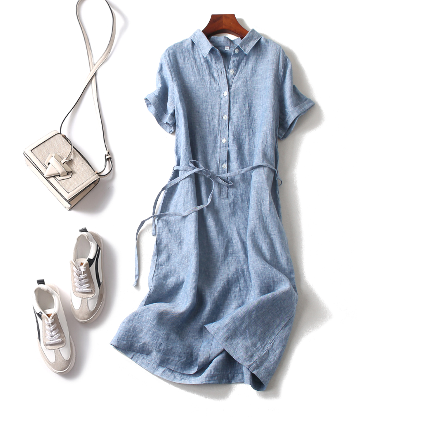 Sunshine Lodge Summer New IOO% Linen Lady Day Department Casual Tie Waist Short Sleeve Ocean Dress