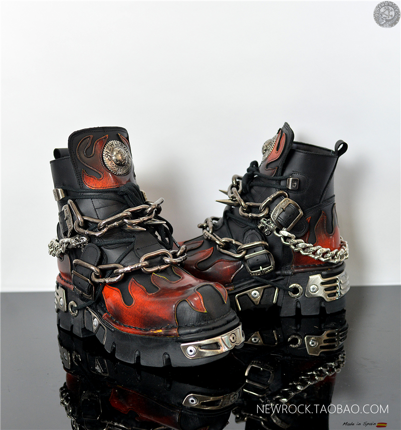 Part of the spot NEWROCK handmade custom leather flame skull metal thick bottom men's boots Harley Knight