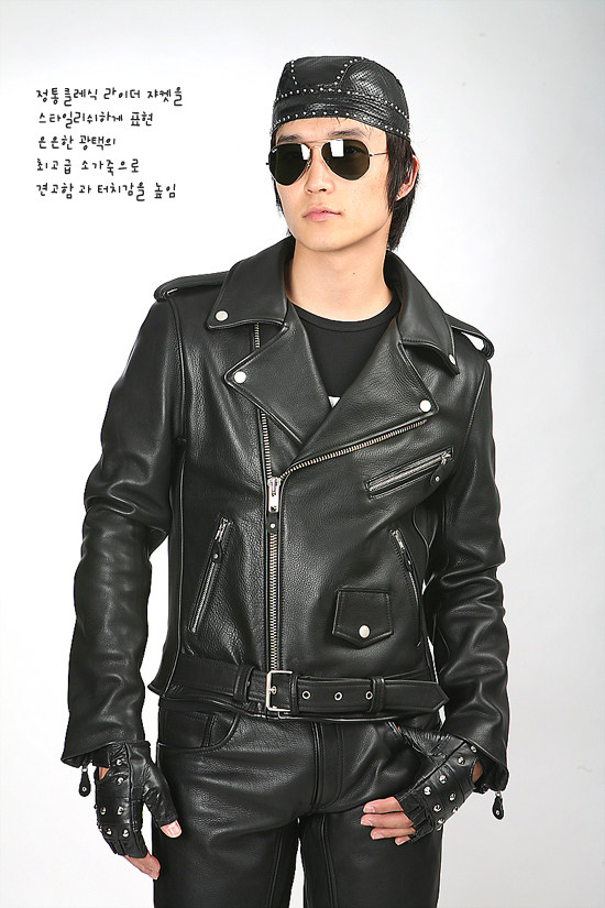 New Korean classic diagonal zipper cowhide black men's slim Harley Knight leather motorcycle jacket