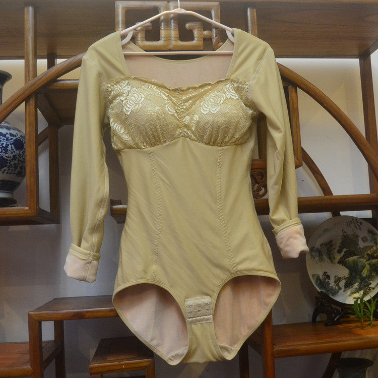 Autumn-winter new band with bra long sleeves thickened and velvety heating coat with body shapewear