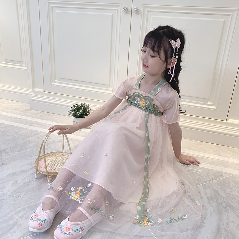 Hanfu girl Summer short sleeve 2021 new little girl Super fairy costume embroidery Chinese style children's chest skirt