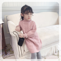 Girls bottoming shirt 2022 new autumn and winter foreign style mid-length sweater dress winter high-necked childrens inner wear white