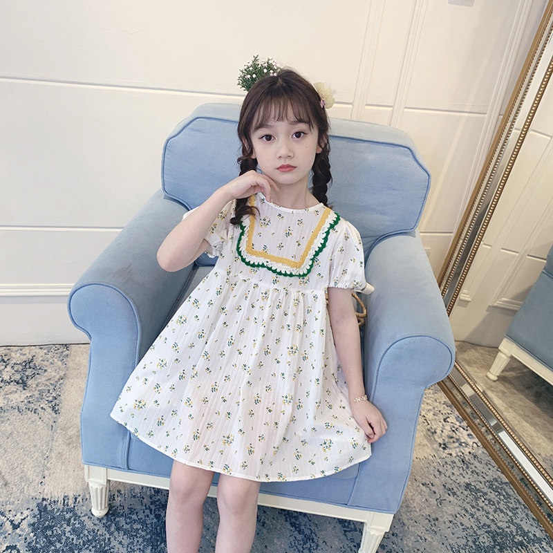 Girl Mori dress 2021 new little girl Summer Green foreign bubble sleeve waist children's skirt summer