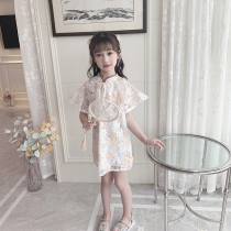 Girls summer cheongsam Chinese style 2021 new fashion antique short sleeve childrens catwalk foreign style improved lace skirt