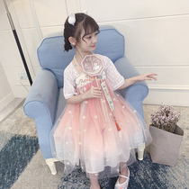 Girl Hanfu summer short sleeve 2021 new little girl costume Super fairy princess dress chiffon embroidery children Tang suit summer