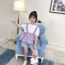 Girl T-shirt fake two pieces 2021 New Fashion loose girl plaid top high waist short children short sleeve summer