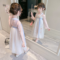 Hanfu Girls 2023 Spring and Autumn Dress Tang Suit Super Fairy Chinese Style Baby Skirt Ancient Costume Chiffon Childrens Dress Summer
