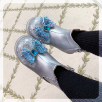 The girls boots winter 2021 new foreign style Aisha shoes blue plus velvet bow childrens shoes
