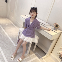 Girls Suit Set Summer Purple 2021 New Korean Fashion Thin Short Sleeve Children Pleated Skirt Two Piece