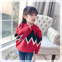 Girl sweater 2021 new fashionable red Christmas Winter Warm round neck childrens sweater